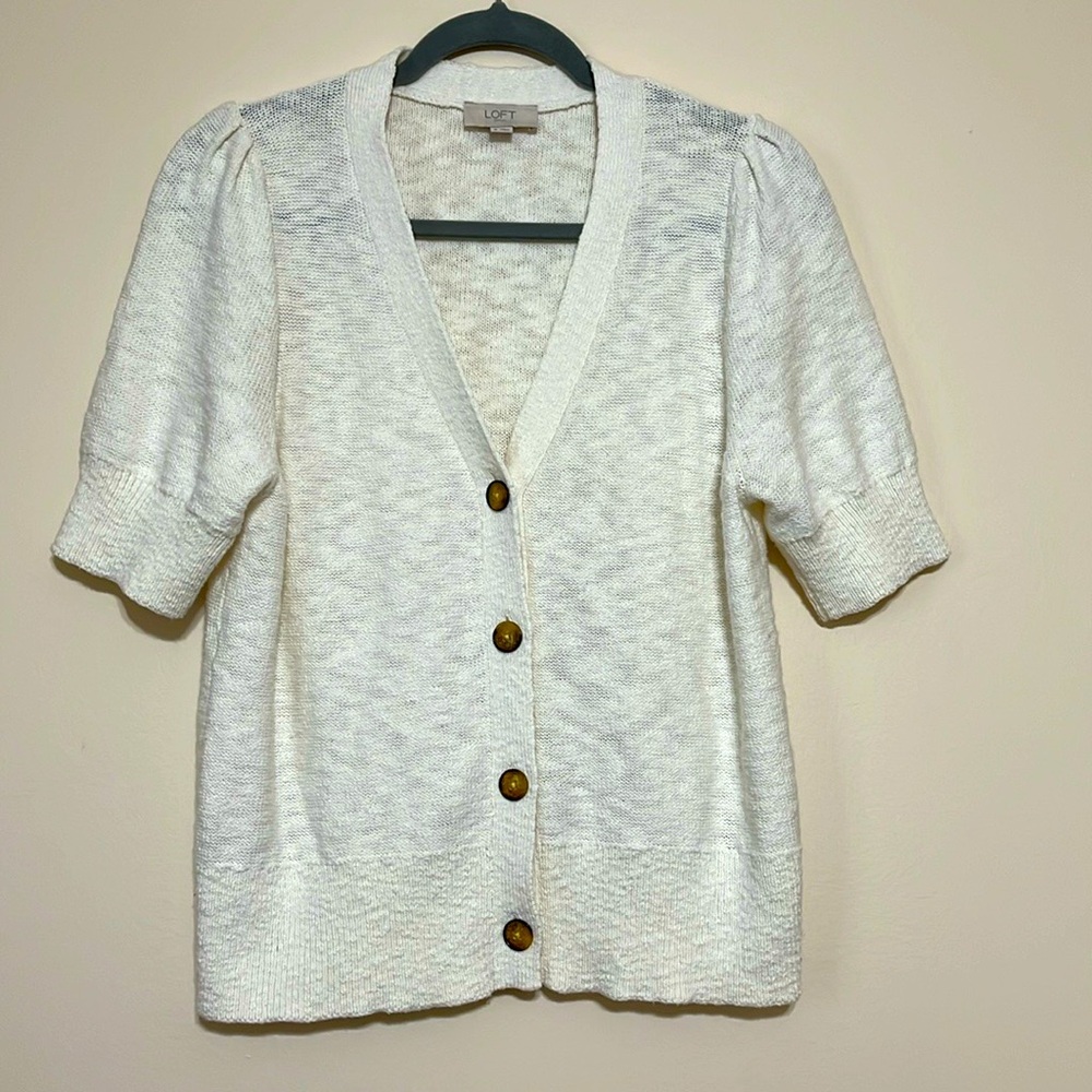 LOFT Cream Short-Sleeve Button Cardigan